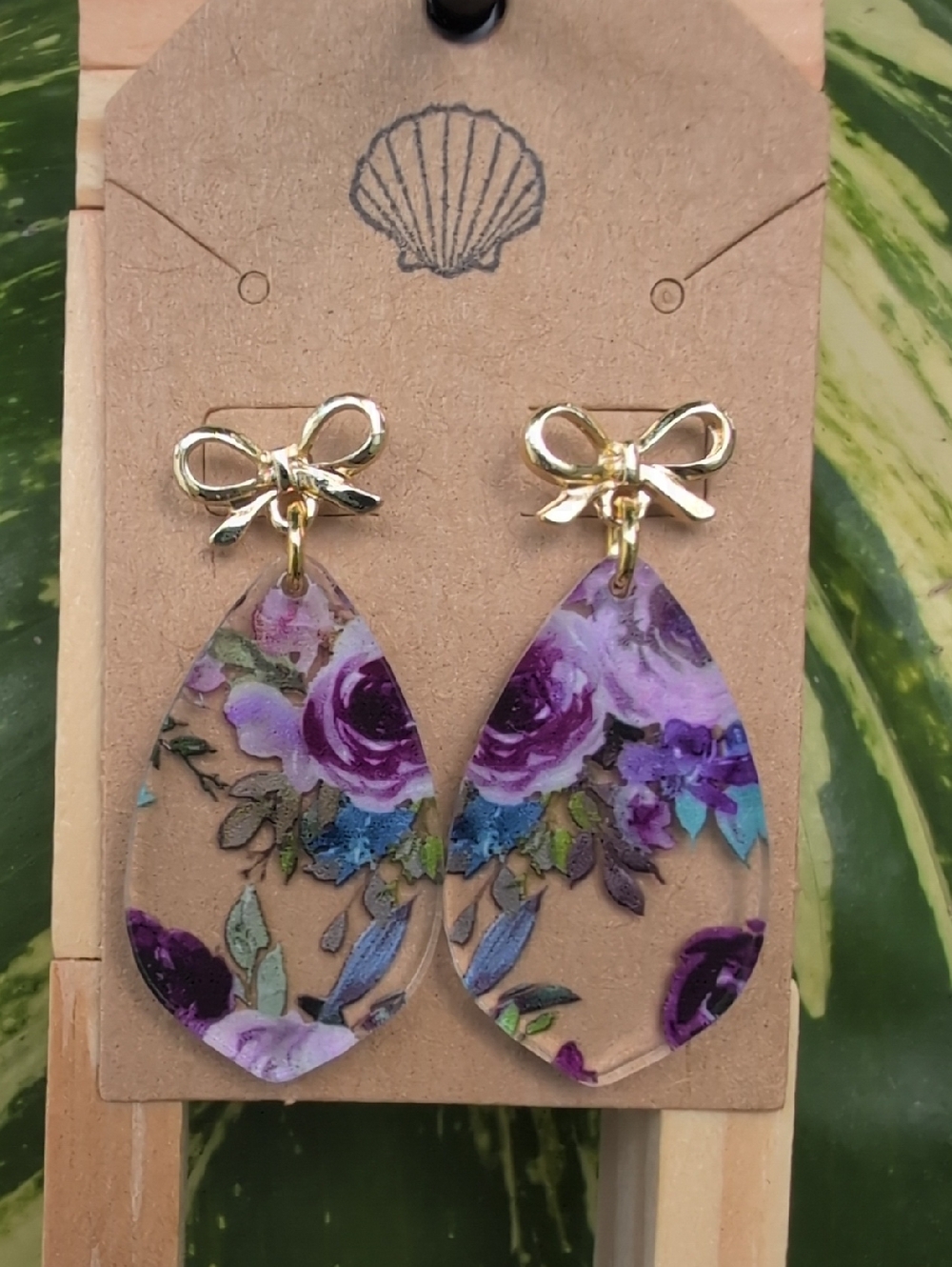 Gold Bow Purple Floral Teardrop Earrings